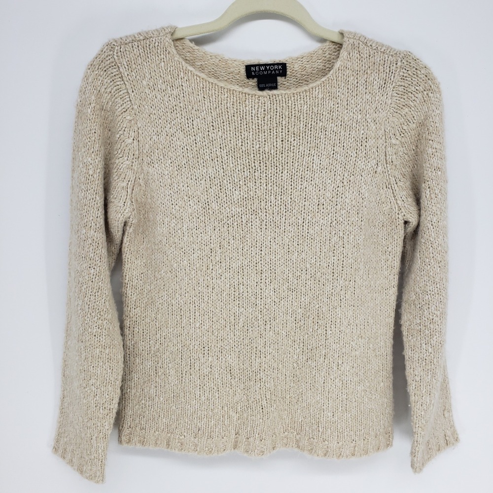 New York & Company Chunky Knit Pullover Sweater Women XS Beige Marled Minimalist
